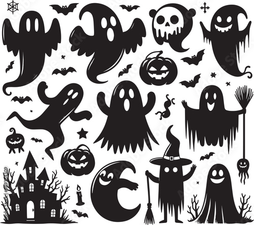 Halloween scary ghosts silhouette collection vector illustration isolated on a white background