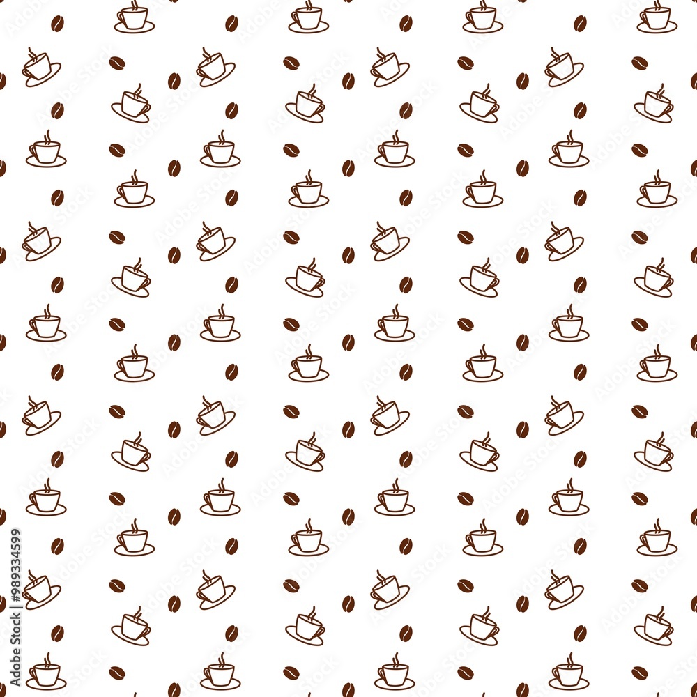 Fototapeta premium Abstract seamless pattern repeating isolated brown cups and coffee beans hand drawn white background