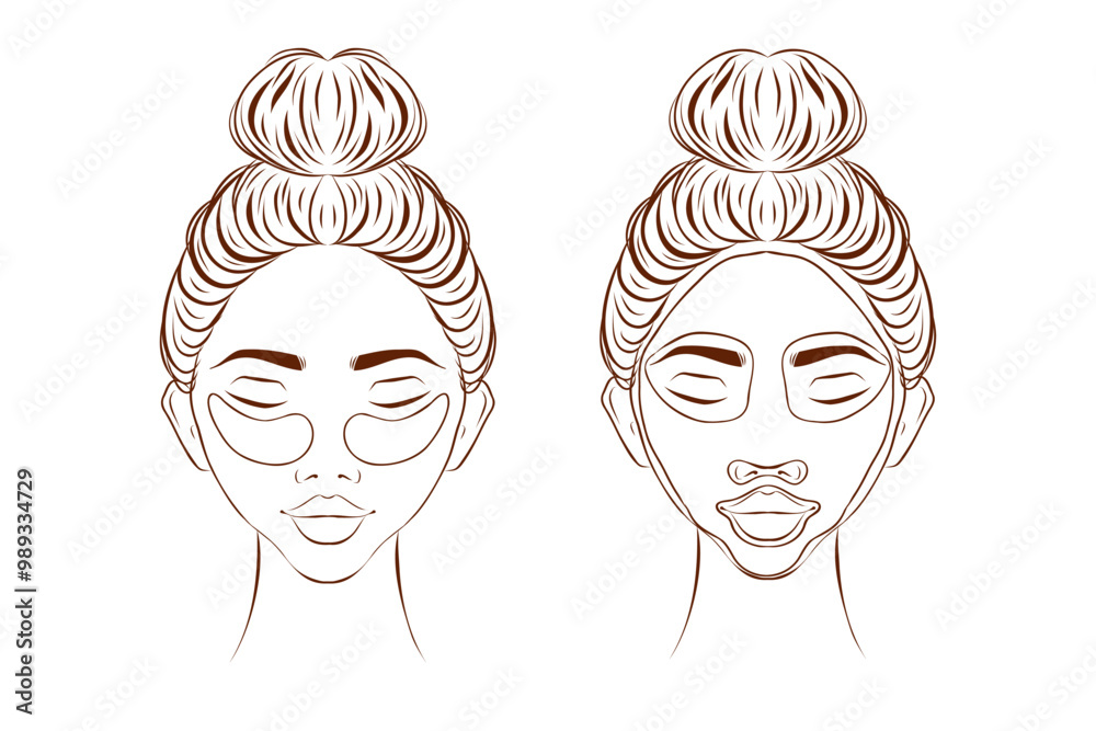 Vector illustration collection of female portraits with facial masks wrapped with hair towel
