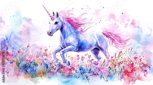 Enchanting Unicorn Joy - Watercolor Clipart of a Playful Unicorn Prancing in Flower Field on White Background with Margins