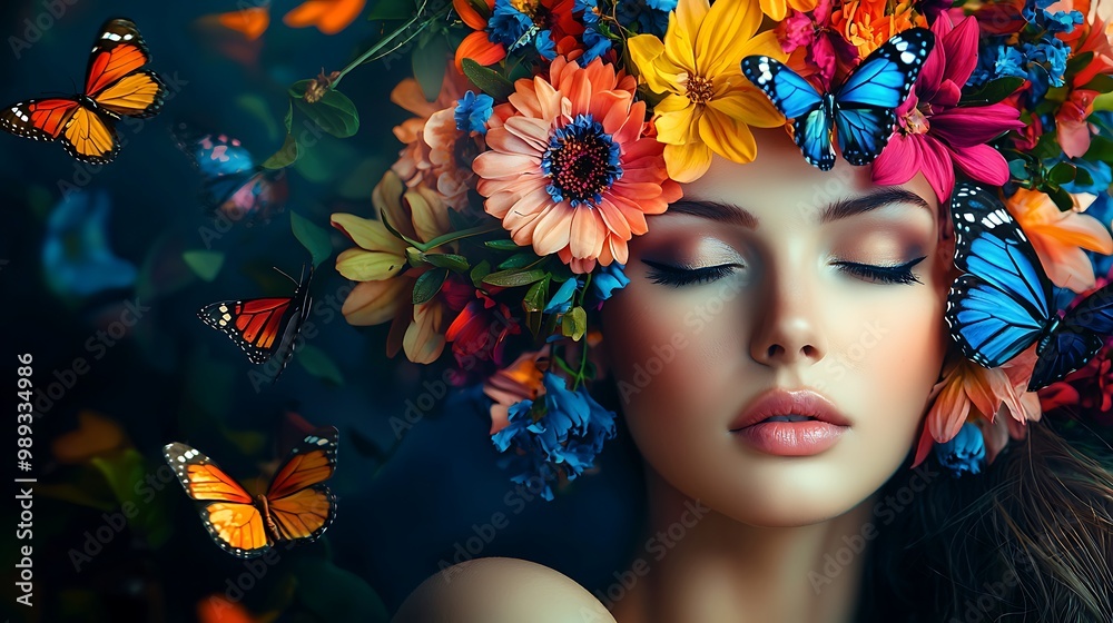 Enchanting Floral Fantasy - Portrait of a Beautiful Woman with Blooming Flowers, Butterflies, and Vivid Colors on Dark Background Enchanting Floral Fantasy - Portrait of a Beautiful Woman with Blooming Flowers, Butterflies, and Vivid Colors on Dark Background