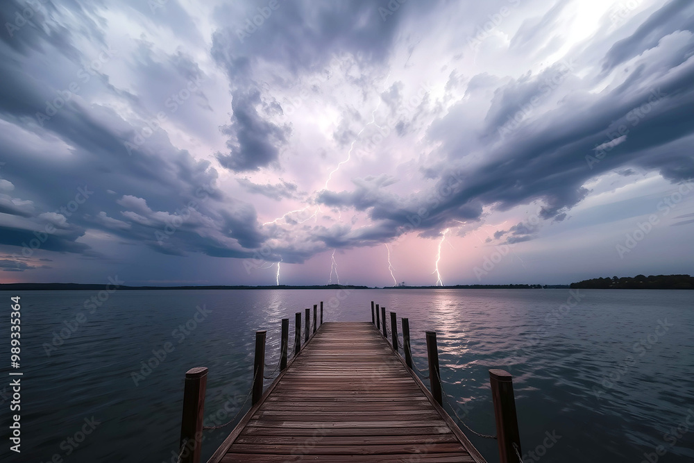 Fototapeta premium sunset on the pier with lightning in a dramatic sky.