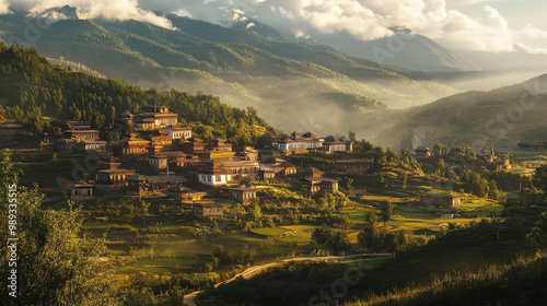 A peaceful Tibetan village, with traditional homes and winding paths, welcoming travelers seeking cultural immersion photo