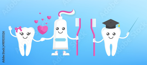 Funny cute smile and sad teeth characters. Dental health.