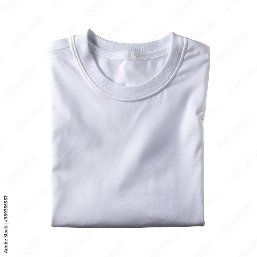 Folded plain white t-shirt shown from the front view. The shirt has round neck and is made from soft fabric, ideal for casual outfits or promotional designs. Isolated on transparent background, png. Folded plain white t-shirt shown from the front view. The shirt has round neck and is made from soft fabric, ideal for casual outfits or promotional designs. Isolated on transparent background, png.