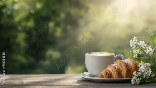 Cup of coffee and croissant on wooden table with flowers in soft, natural light photo