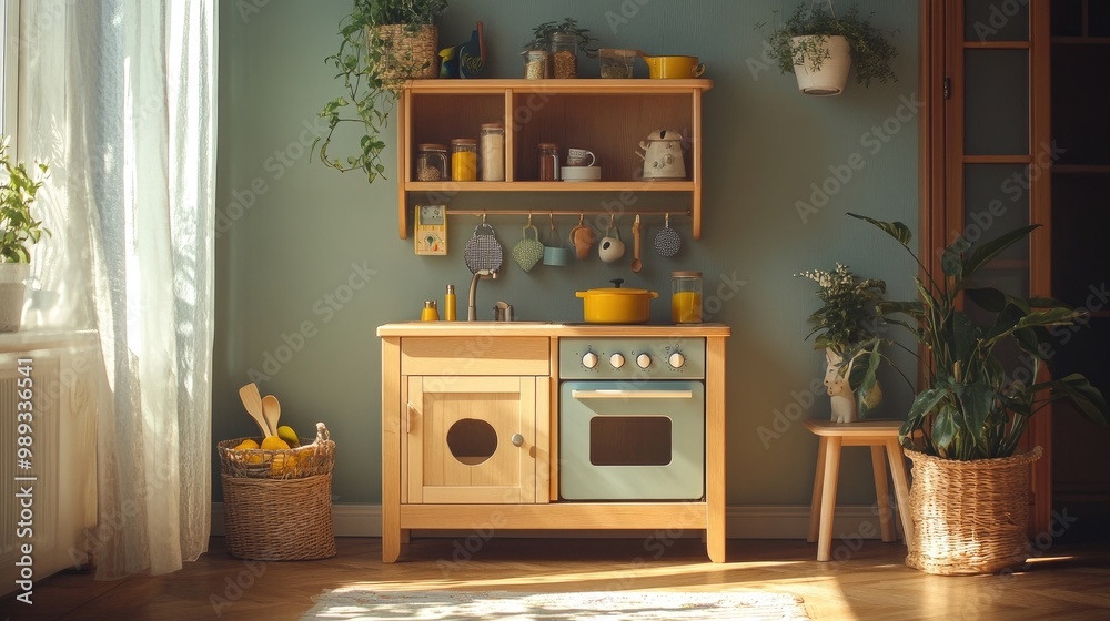 A charming, wooden play kitchen with realistic-looking accessories, in a sunny playroom. A charming, wooden play kitchen with realistic-looking accessories, in a sunny playroom.
