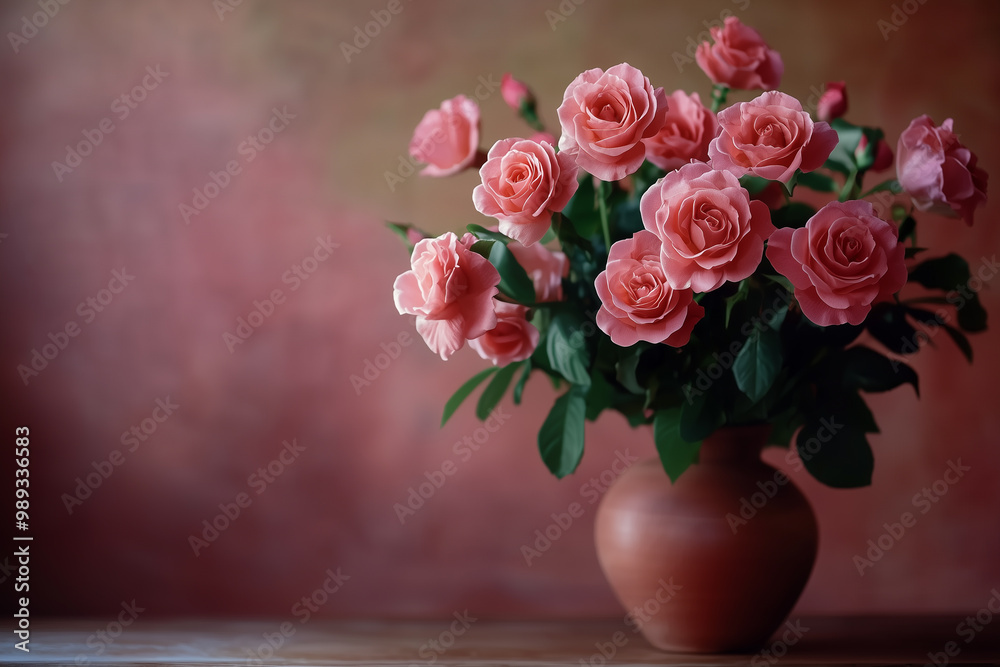 Vase with delicate roses against a pink wall Vase with delicate roses against a pink wall