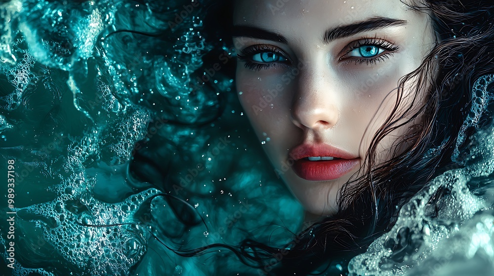 Enchanting Siren: Portrait of a Mythical Beauty with Ocean Waves in Turquoise Tones Enchanting Siren: Portrait of a Mythical Beauty with Ocean Waves in Turquoise Tones