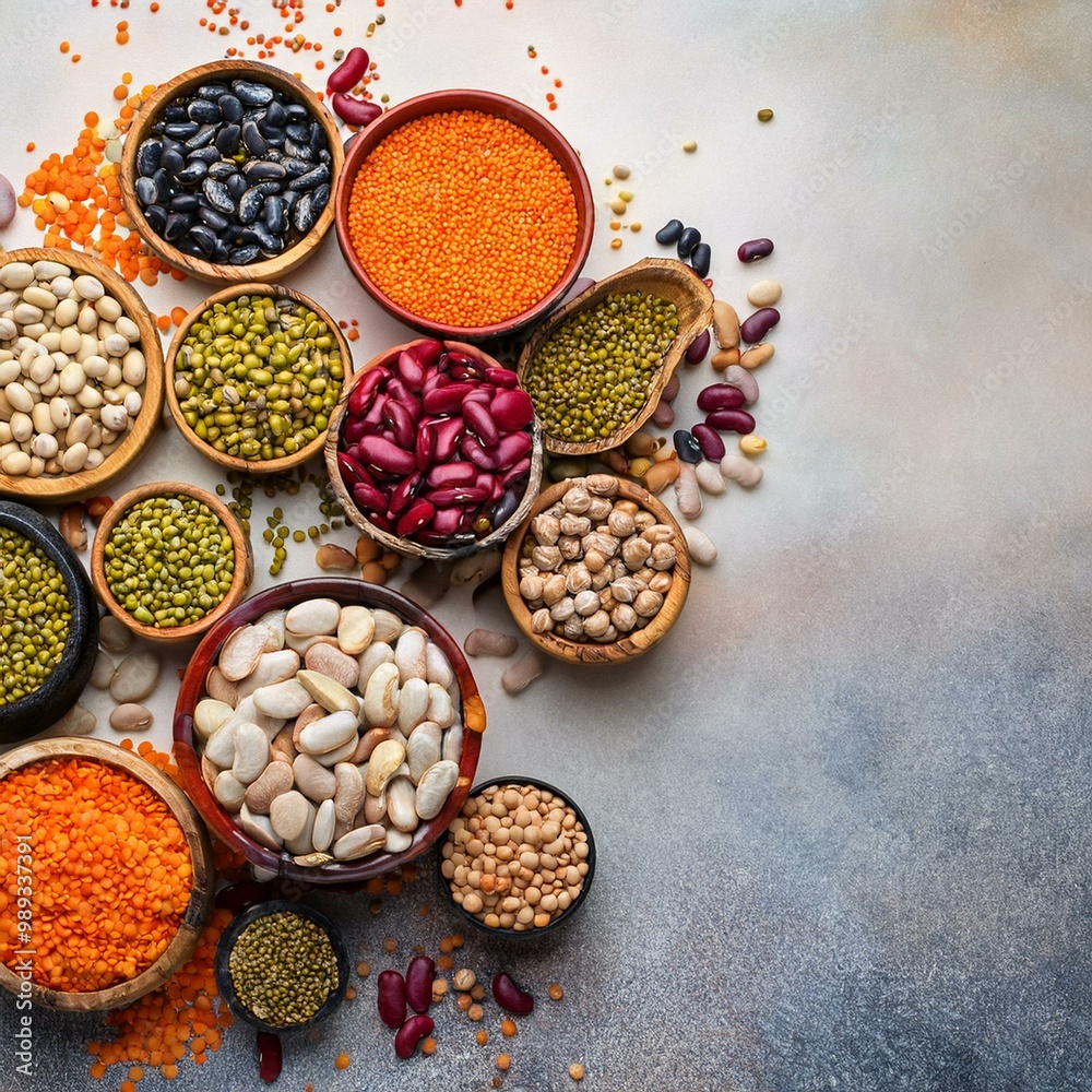 Various colorful legumes top view. Raw uncooked healthy vegan or vegetarian protein Various colorful legumes top view. Raw uncooked healthy vegan or vegetarian protein