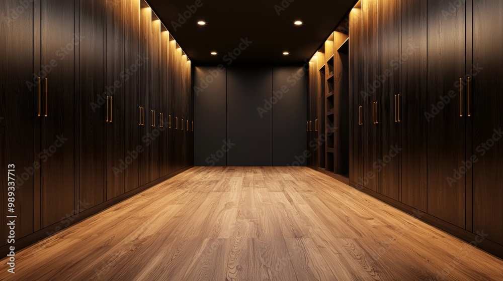 Stylish modern hallway with warm lighting and elegant wooden flooring, creating a luxurious ambiance.