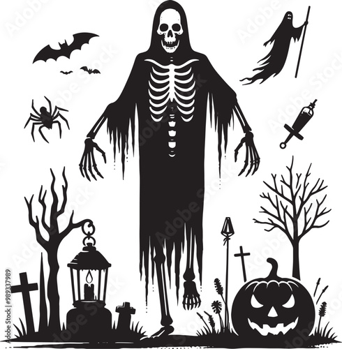 Halloween scary ghosts silhouette collection vector illustration isolated on a white background