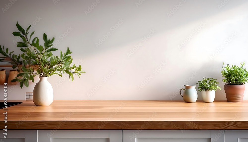 Kitchen wooden countertop on white wall background. Minimalistic room with tabletop and plant in vase for product presentation. Clean closeup mockup.
Kitchen wooden countertop on white wall background. Minimalistic room with tabletop and plant in vase for product presentation. Clean closeup mockup.