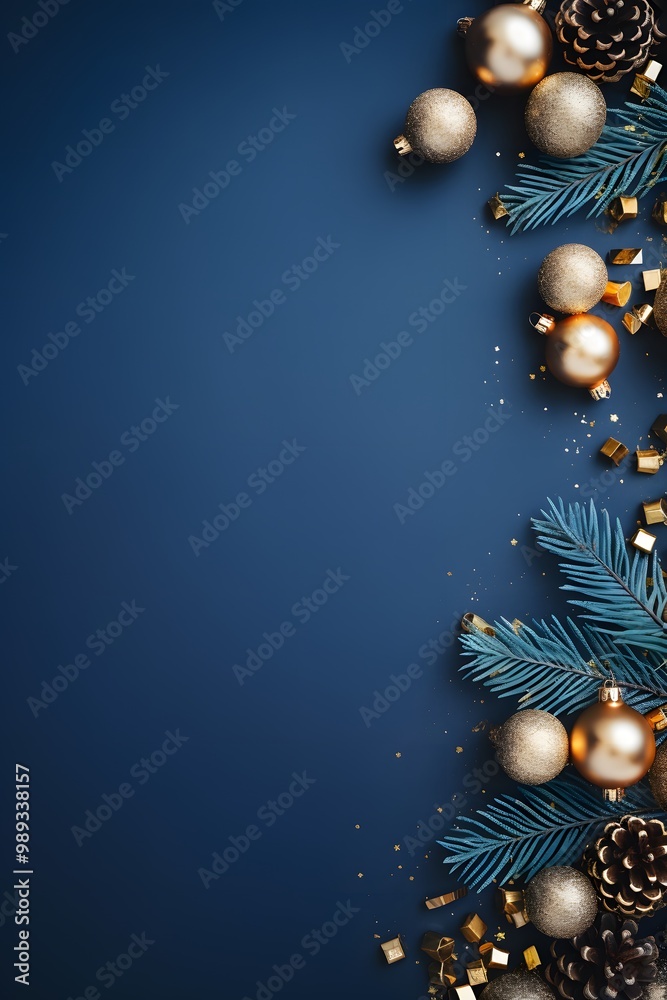 Blue Christmas Background with Gold Ornaments Blue Christmas Background with Gold Ornaments