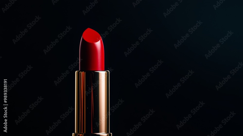 Obraz premium Vibrant red lipstick tube on a dark background, showcasing elegance and beauty.