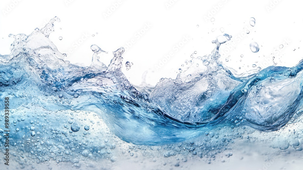 A wave of clear blue water splashes and creates a ripple effect on a white background. A wave of clear blue water splashes and creates a ripple effect on a white background.