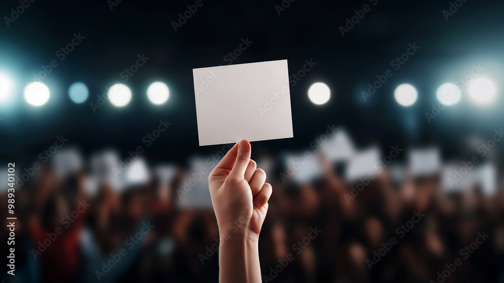 A hand holds a blank sign in front of a cheering crowd, with bright lights illuminating the scene, symbolizing expression and participation. A hand holds a blank sign in front of a cheering crowd, with bright lights illuminating the scene, symbolizing expression and participation.
