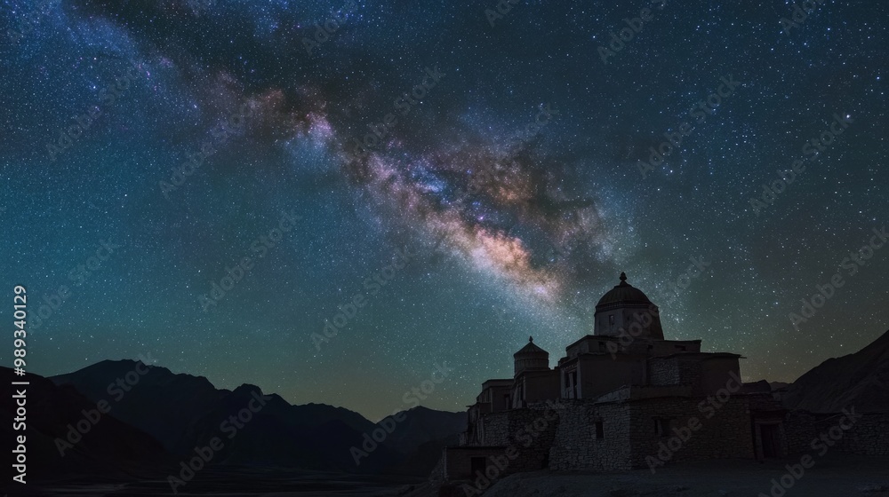A stunning view of the Milky Way stretching across the night sky over a remote Ladakhi monastery, its silhouette illuminated by moonlight A stunning view of the Milky Way stretching across the night sky over a remote Ladakhi monastery, its silhouette illuminated by moonlight