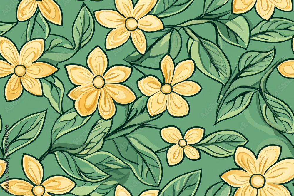 Abstracted all over flower pattern on green background.