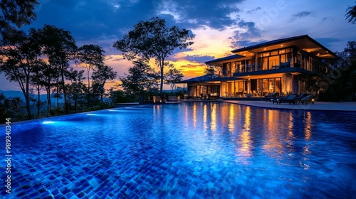 Luxury villa with an illuminated pool at dusk in a forest setting