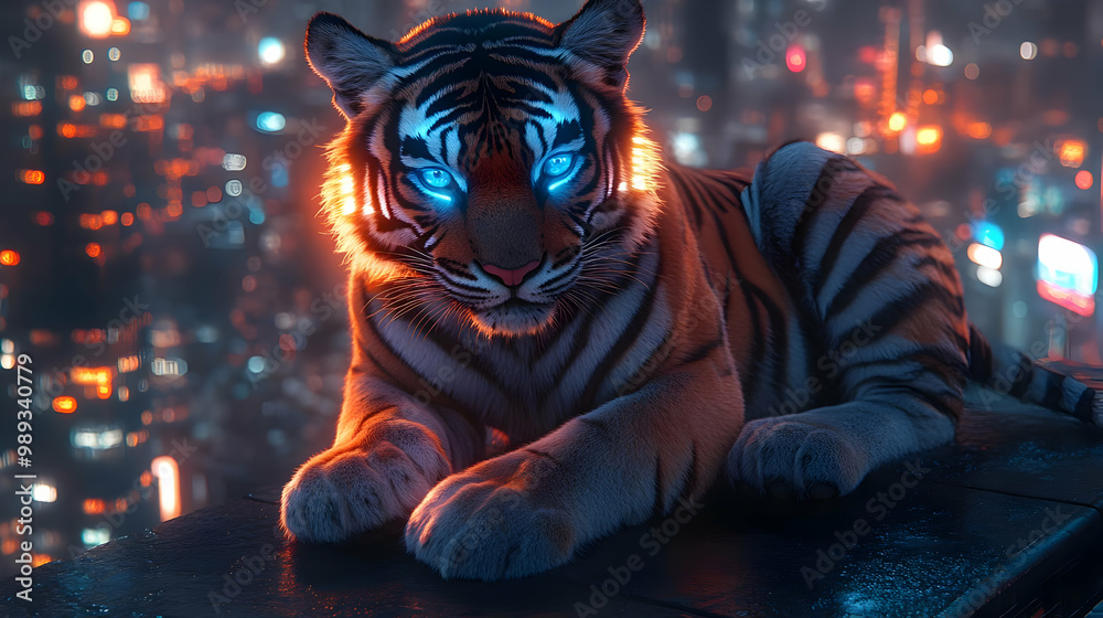 Tiger With Blue Eyes In A City At Night - 3D Illustration Tiger With Blue Eyes In A City At Night - 3D Illustration
