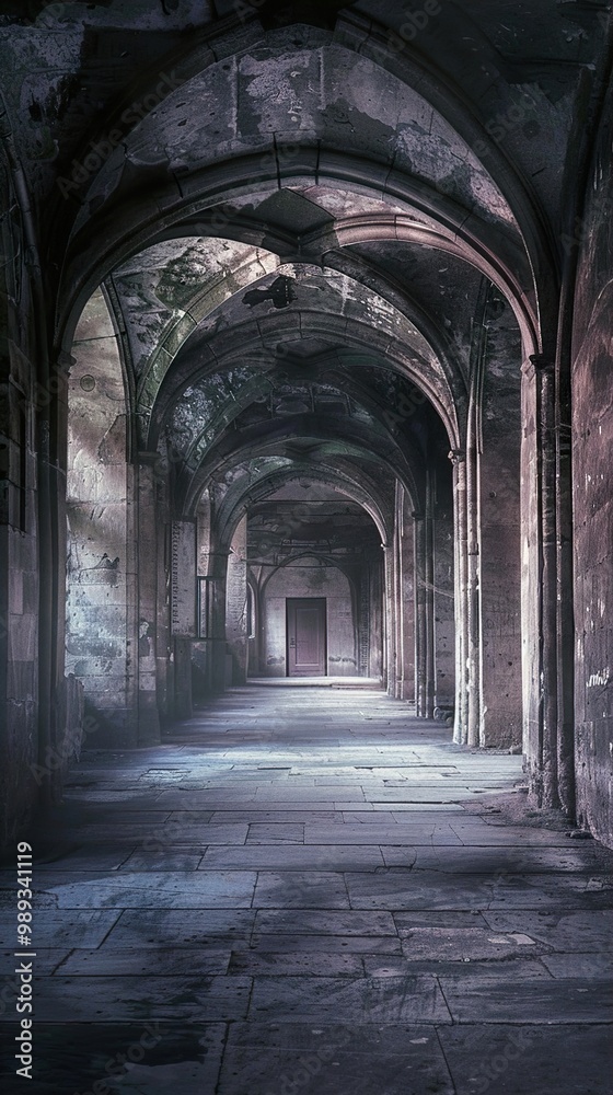Ancient Stone Hallway with Arches and a Doorway Ancient Stone Hallway with Arches and a Doorway