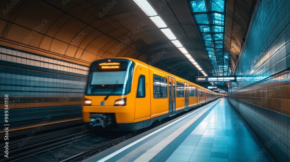 Fototapeta premium Subway train at underground railway station. Train railway platform. Urban scene. Metro. Tube.
