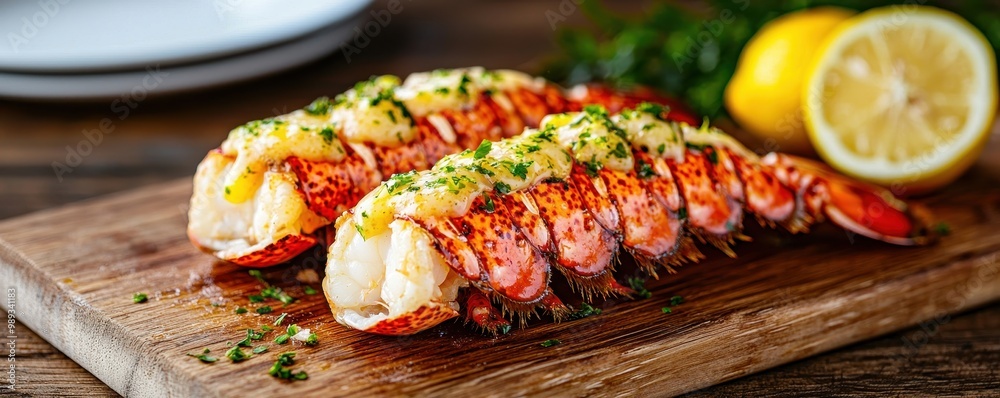 Delicious lobster tails garnished with herbs and lemon on a wooden serving board. Delicious lobster tails garnished with herbs and lemon on a wooden serving board.