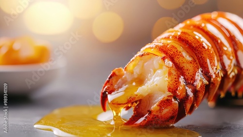 Delicious lobster tail drenched in butter on a blurred background. photo