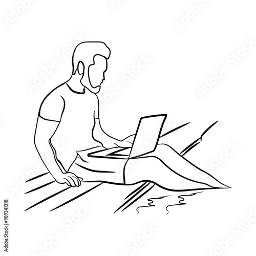 Illustration A man sits by the pool while working on a laptop. Line art A young man on vacation working remotely online on the internet