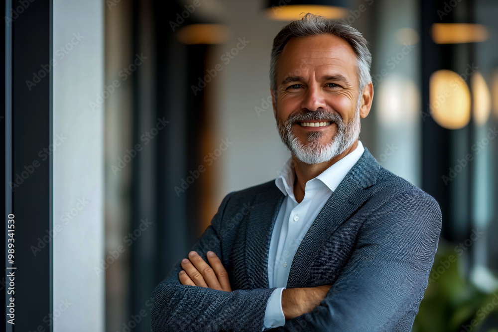 A smiling, confident businessman with arms crossed, standing in a modern office. A smiling, confident businessman with arms crossed, standing in a modern office.