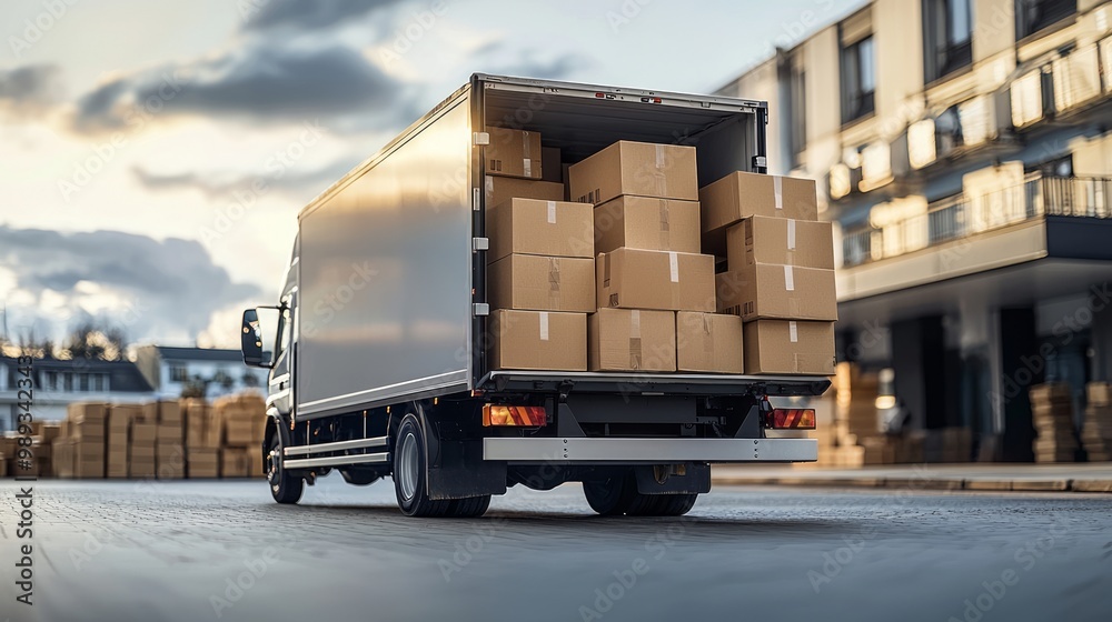 Delivery truck loaded with boxes parked in front of a building