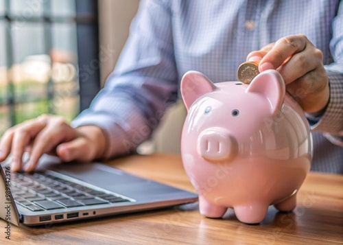 A pink piggy bank sits on a desk generative ai