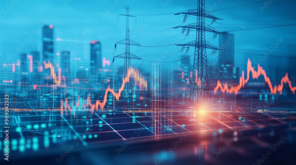 Modern cityscape with power lines, glowing data charts, and skyscrapers at twilight showcasing the future of energy and technology Modern cityscape with power lines, glowing data charts, and skyscrapers at twilight showcasing the future of energy and technology