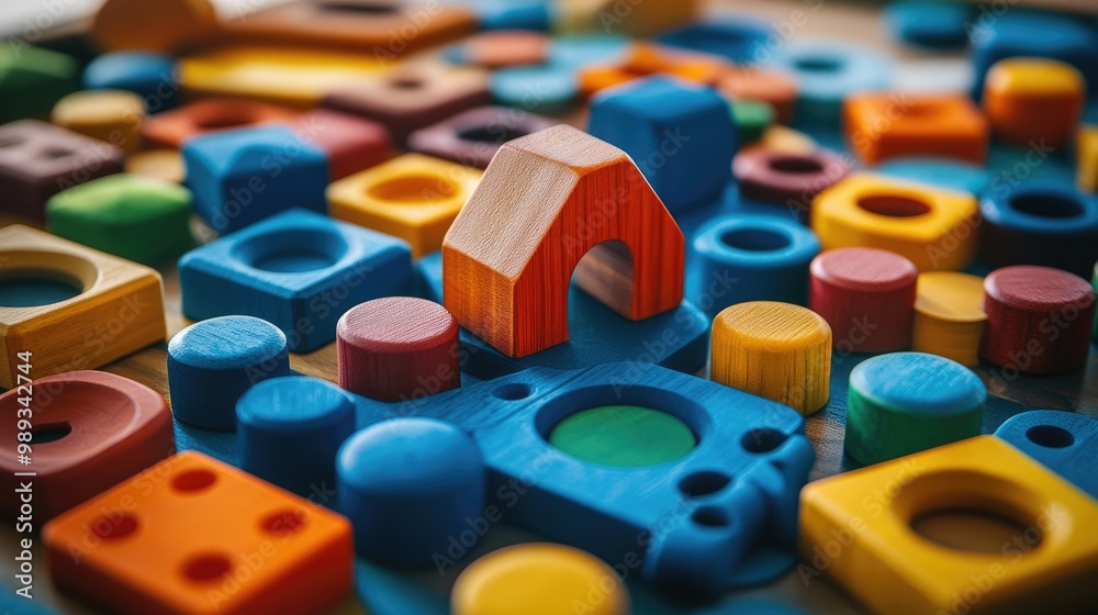 Naklejka premium A colorful, wooden play mat with various shapes and textures, encouraging sensory play.