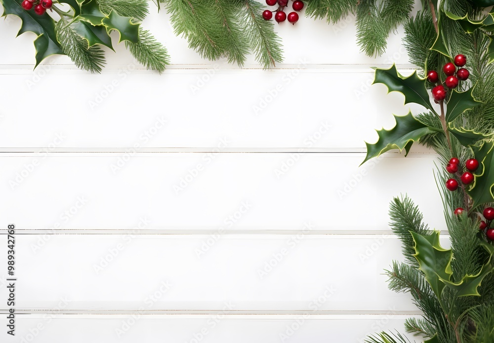 Christmas Holly And Cypress Frame On White Wood Christmas Holly And Cypress Frame On White Wood
