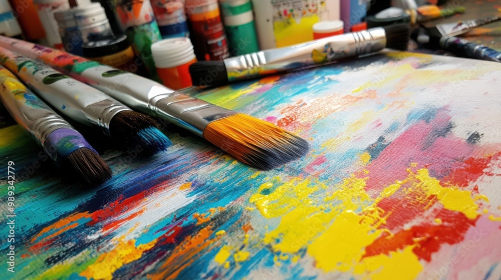 Fototapeta premium canvas with abstract brushstrokes, paint tubes, and brushes scattered on a table