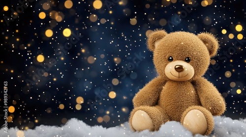 A cheerful teddy bear in pajamas sitting on a crescent moon among fluffy clouds and twinkling stars in a whimsical night sky photo