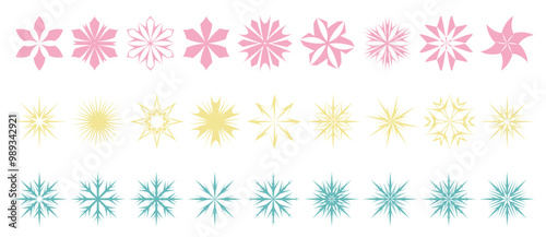 A set of decorations in the form of flowers, stars and snowflakes. Blue snowf...