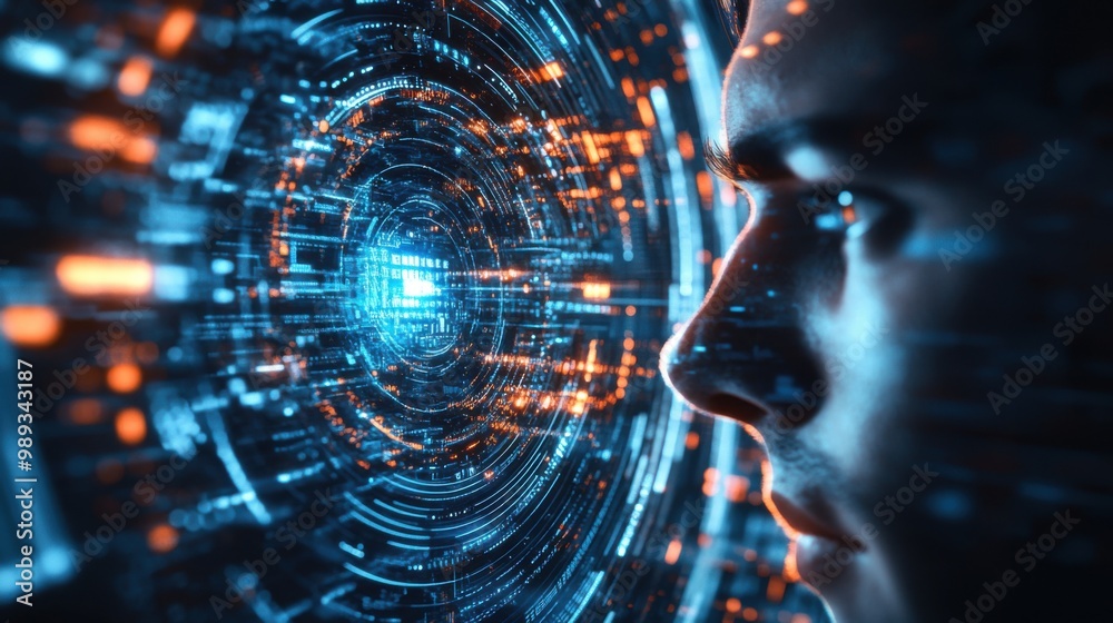 Man gazing at digital vortex, futuristic ai concept with blue and orange circuitry Man gazing at digital vortex, futuristic ai concept with blue and orange circuitry