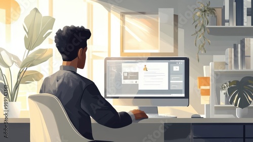 Man using computer at desk in modern home office during daytime