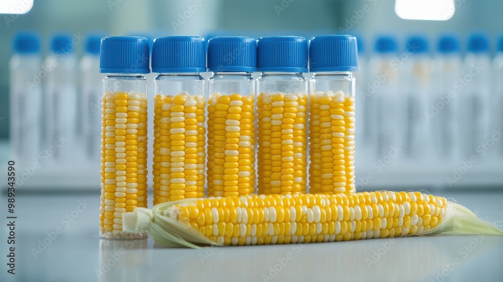 Test tubes holding yellow corn kernels on a laboratory countertop. Test tubes holding yellow corn kernels on a laboratory countertop.