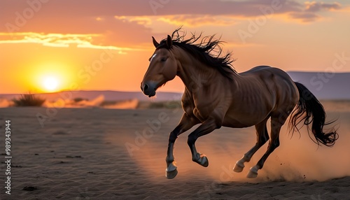 Majestic wild horses galloping across the desert landscape during a vibrant sunset