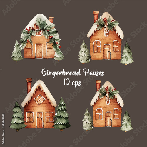 Set of watercolor illustrations of cute gingerbread house