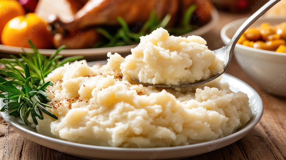 Close-up of mashed potatoes being scooped onto a plate at Thanksgiving dinner, with turkey and gravy nearby Close-up of mashed potatoes being scooped onto a plate at Thanksgiving dinner, with turkey and gravy nearby