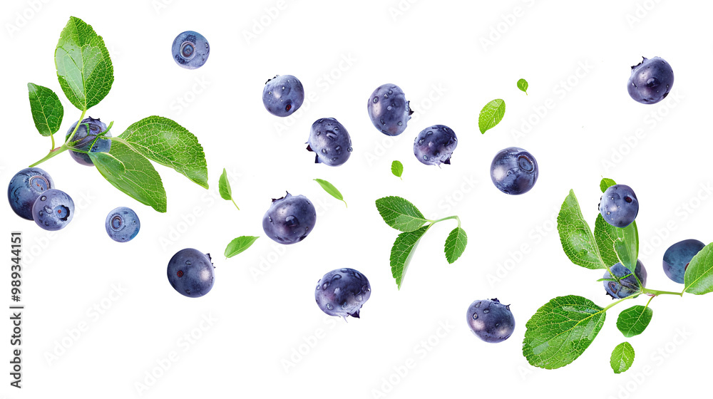 Floating blueberries and leaves on transparent background PNG Floating blueberries and leaves on transparent background PNG