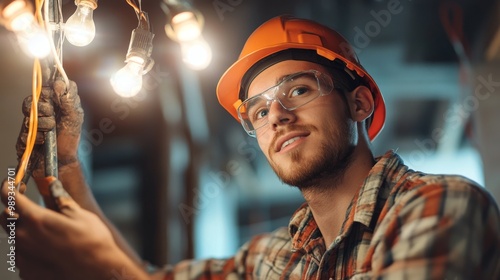 An apprentice being mentored while installing light fixtures, with detailed focus on proper wiring techniques, photo