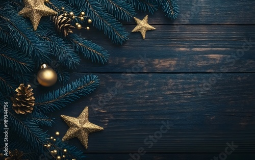 Christmas Wooden Background with Spruce Branches and Gold Decorations