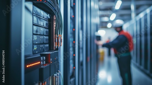 A view of electrical equipment in a data center, with rows of servers and UPS systems, and a technician performing checks,