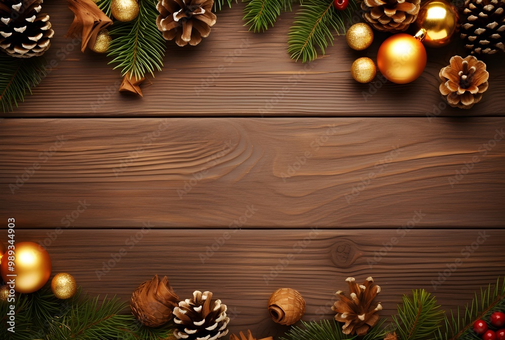 Christmas Wooden Background with Fir Branches and Golden Balls Christmas Wooden Background with Fir Branches and Golden Balls